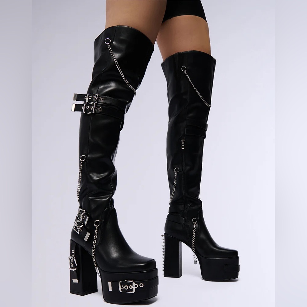 AZALEA WANG Black Leather Studded & Chain Over the Knee Block Heel Boots